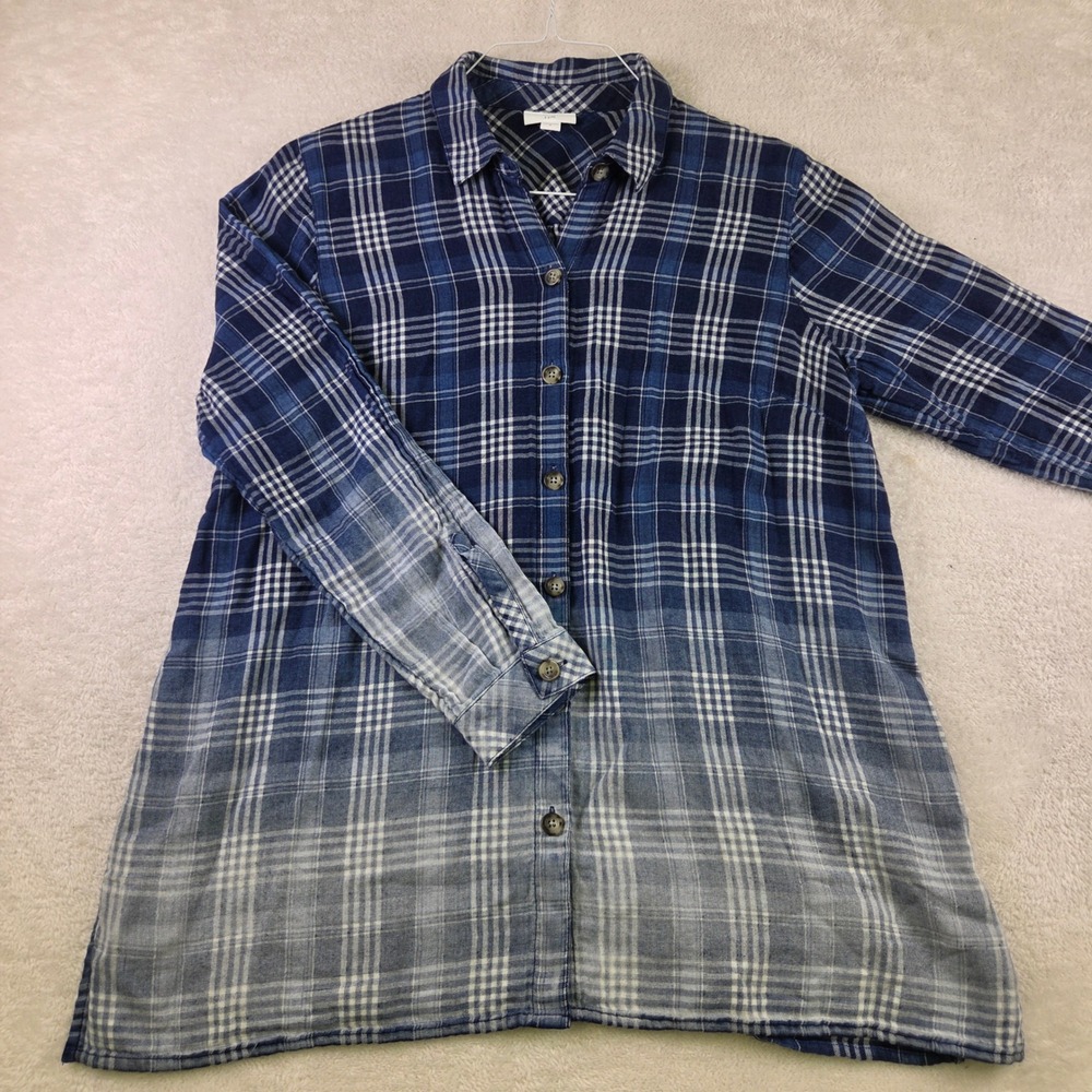 J. Jill Blue Plaid Ombre Dip Dye Linen Blend Button Down Tunic Shirt Womens M